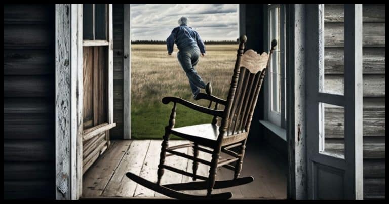 Midjourney AI: "an empty rocking chair on a porch with an elderly man running through a field in the distance"