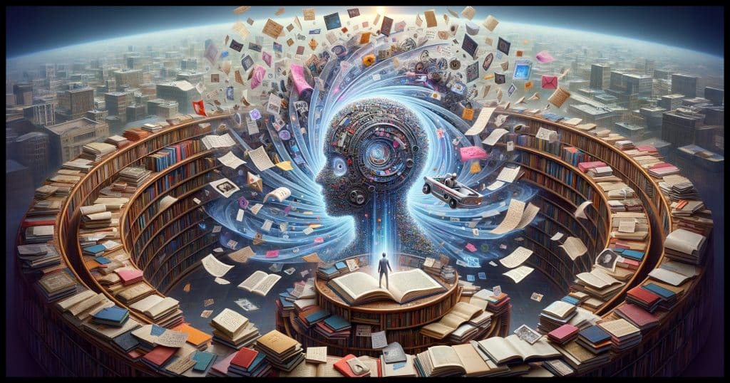 A photorealistic image representing the complexity and nuances of AI's relationship with copyright and content creation. The scene includes a human figure surrounded by a swirl of books, magazines, love letters, emails, essays, and scribbled notes, symbolizing the diverse content humans consume and internalize. Nearby, a large, abstract representation of an AI language model, depicted as a complex, digital brain-like structure, is absorbing a vast array of similar content, showing the immense scale of data it processes. The background is split into two halves: one side illustrates a traditional library, representing human learning and creativity, and the other side is a futuristic digital landscape, symbolizing the digital realm of AI. The central theme is the comparison of human and AI content consumption and creation, with an underlying question of copyright and originality, subtly represented in the image.