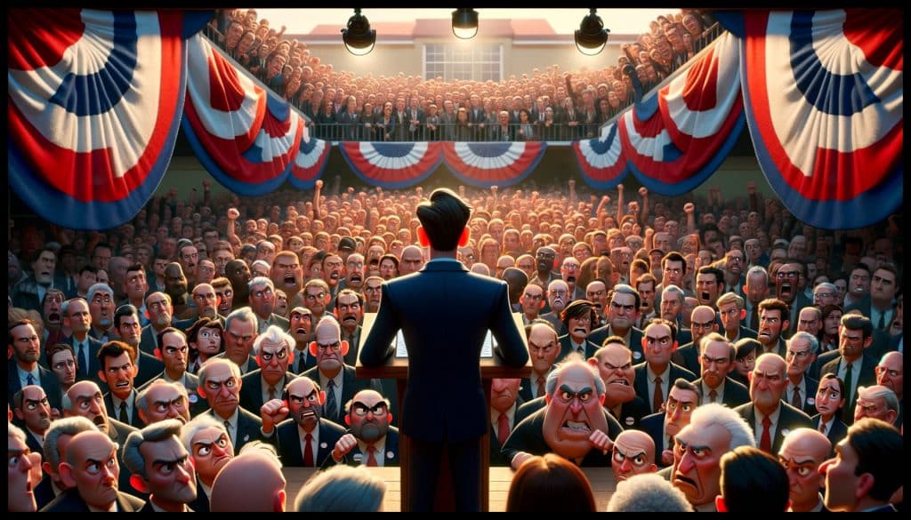 A politician at a podium speaking to a large crowd, viewed from behind the speaker. The crowd is filled with a variety of unhappy facial expressions and raised fists, signaling discontent and protest. he background is adorned with red, white, and blue bunting, adding a patriotic element to the scene.