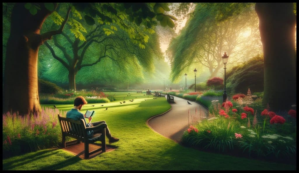 A peaceful scene of a person sitting on a park bench in a lush green park, engrossed in reading from a Kindle. The park is vibrant with blooming flowers and tall trees, casting soft shadows on the pathway. A gentle breeze is rustling the leaves, adding to the serene atmosphere. The person is casually dressed, embodying the relaxation of a leisurely day spent outdoors. Birds can be seen in the background, and the sun is setting, casting a warm glow over the scene. The image should capture the tranquility of a moment spent alone with a book, away from the hustle and bustle of daily life.