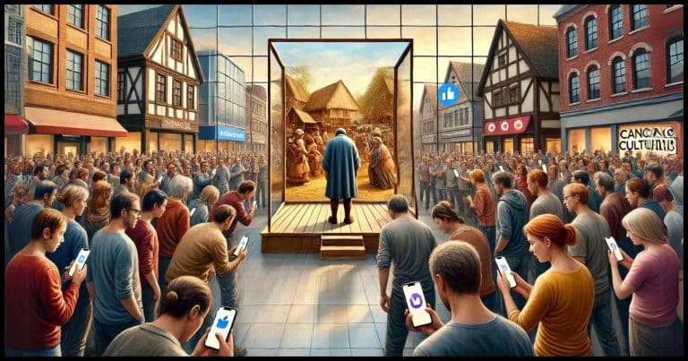 'Cancel culture' in a historical and modern context. The foreground shows a group of people turning their backs on an individual in a realistic modern setting like a busy town square, with natural lighting and vibrant, lifelike colors. In the background, a figure from ancient times is being ostracized in a traditional village scene, also in realistic colors. The scene includes subtle modern elements like smartphones or social media icons to represent how technology plays a role in modern cancel culture. 