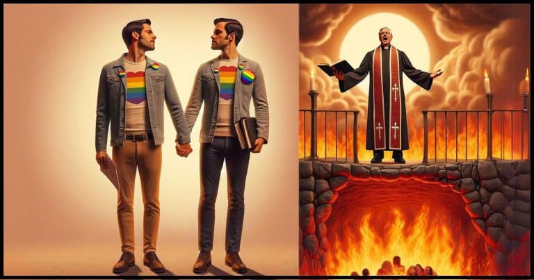 On the left, two men are standing and holding hands, both wearing rainbow pins, symbolizing love and acceptance of diverse sexual orientations. On the right, a preacher stands elevated above a fiery pit symbolizing hell, with flames and brimstone beneath. The preacher holds a religious text and gestures as if delivering a passionate sermon about salvation. The scene captures the contrast between love as acceptance and love as saving souls.