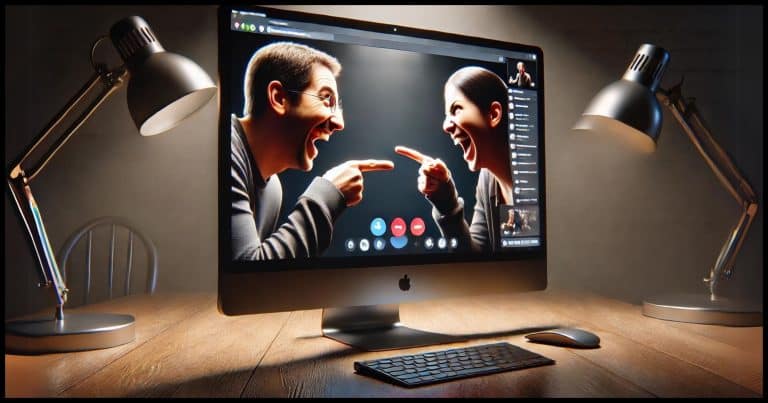 A PC computer screen showing two people on opposite sides of the screen, pointing fingers at each other and laughing mockingly. Both individuals appear to be engaged in a heated yet sarcastic exchange, with exaggerated facial expressions.