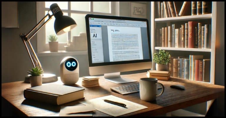 A writer's workspace: a modern desk with a computer displaying a text document, a stack of handwritten notes, and a coffee mug. Nearby, a small digital assistant (representing AI) glows softly, offering suggestions on a side screen. 