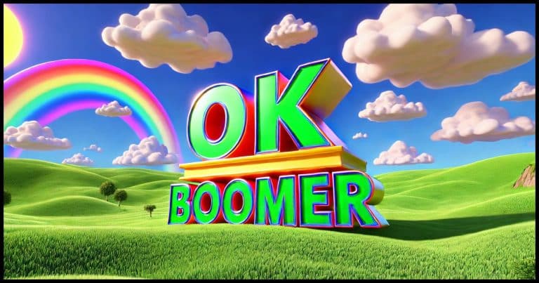 A 3D animation style scene featuring the phrase 'OK boomer' in bold, colorful, floating letters above a vibrant green field under a bright blue sky with a few fluffy white clouds. and a rainbow