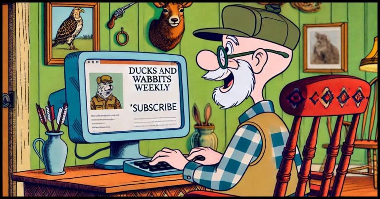 A cartoon-style image of a character resembling Elmer Fudd, but with distinct differences to avoid copyright issues. The character is bald, wearing a hunting hat, and a plaid shirt, seated at a desk, leaning toward a computer screen. On the screen, a blog homepage is displayed, titled 'Ducks And Wabbits Weekly,' with a prominent 'Subscribe' button at the bottom. 