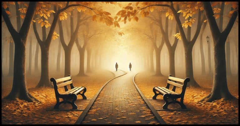 An image capturing the bittersweet essence of friendships fading over time. Depict an autumn park scene with two empty benches facing each other under golden trees shedding their leaves. A pair of distant figures walking away from each other along a winding path symbolizes diverging paths in life. 