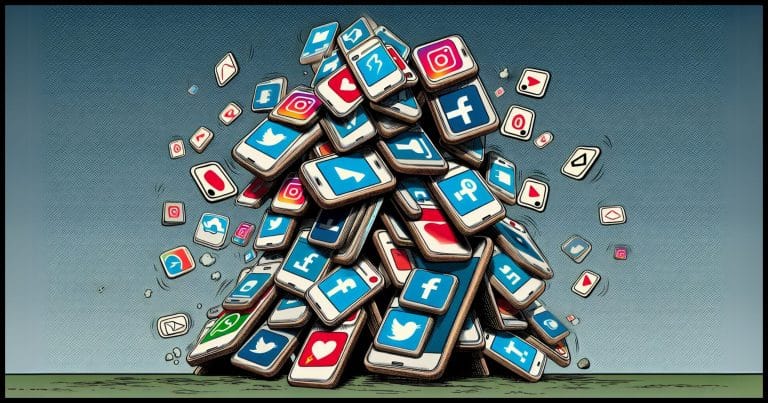 A comic style image of a digital house of cards made of smartphones and social media app icons, with some cards slightly tilted or about to fall, symbolizing the precarious nature of digital platforms.