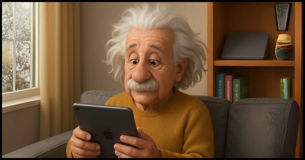 Albert Einstein reading on an iPad.