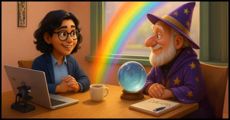 Two people sit across from each other at a café table. One has a laptop and a microscope, the other a crystal ball and a notebook of dreams. They’re smiling, mid-conversation, with light from the window casting a rainbow across the table — symbolizing respectful coexistence of logic and belief.