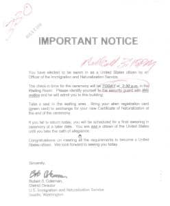 Notice to attend my swearing in ceremony August 22, 2000.