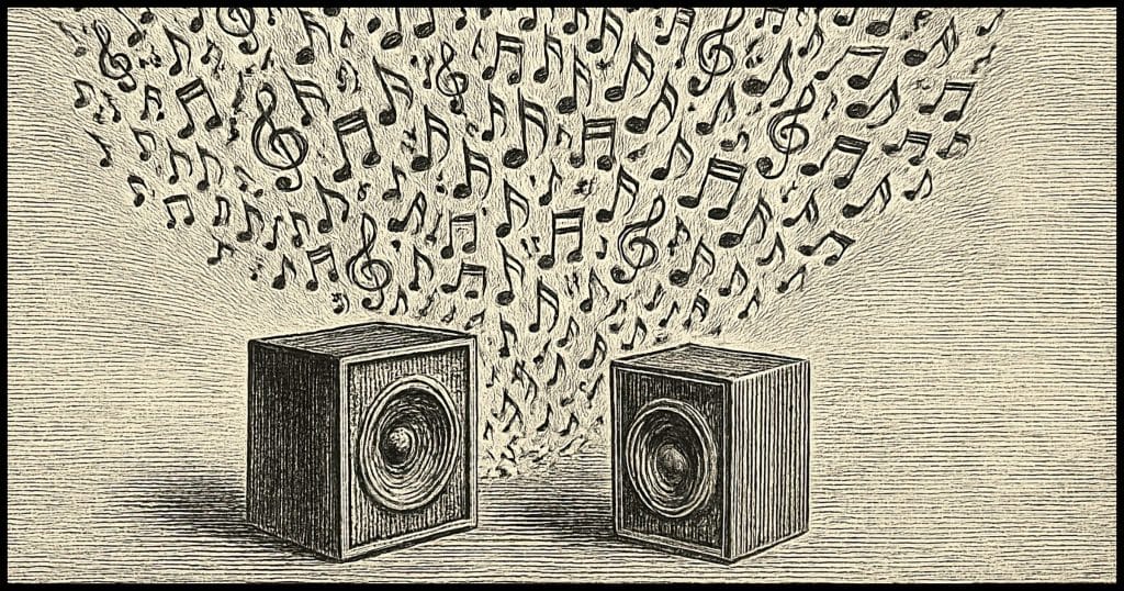 thousands of musical notes in various styles and sizes wafting up from a pair of speakers